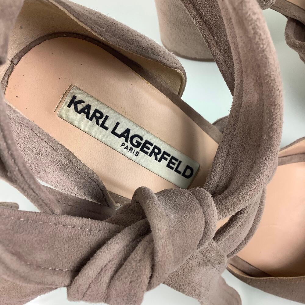 Karl Lagerfeld Racha Nude Suede Ankle tie Block heels warp sandals SZ 7.5M - Picture 3 of 12